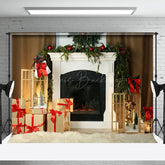 Lofaris White Elegant Fireplace Wreath Christmas Backdrop